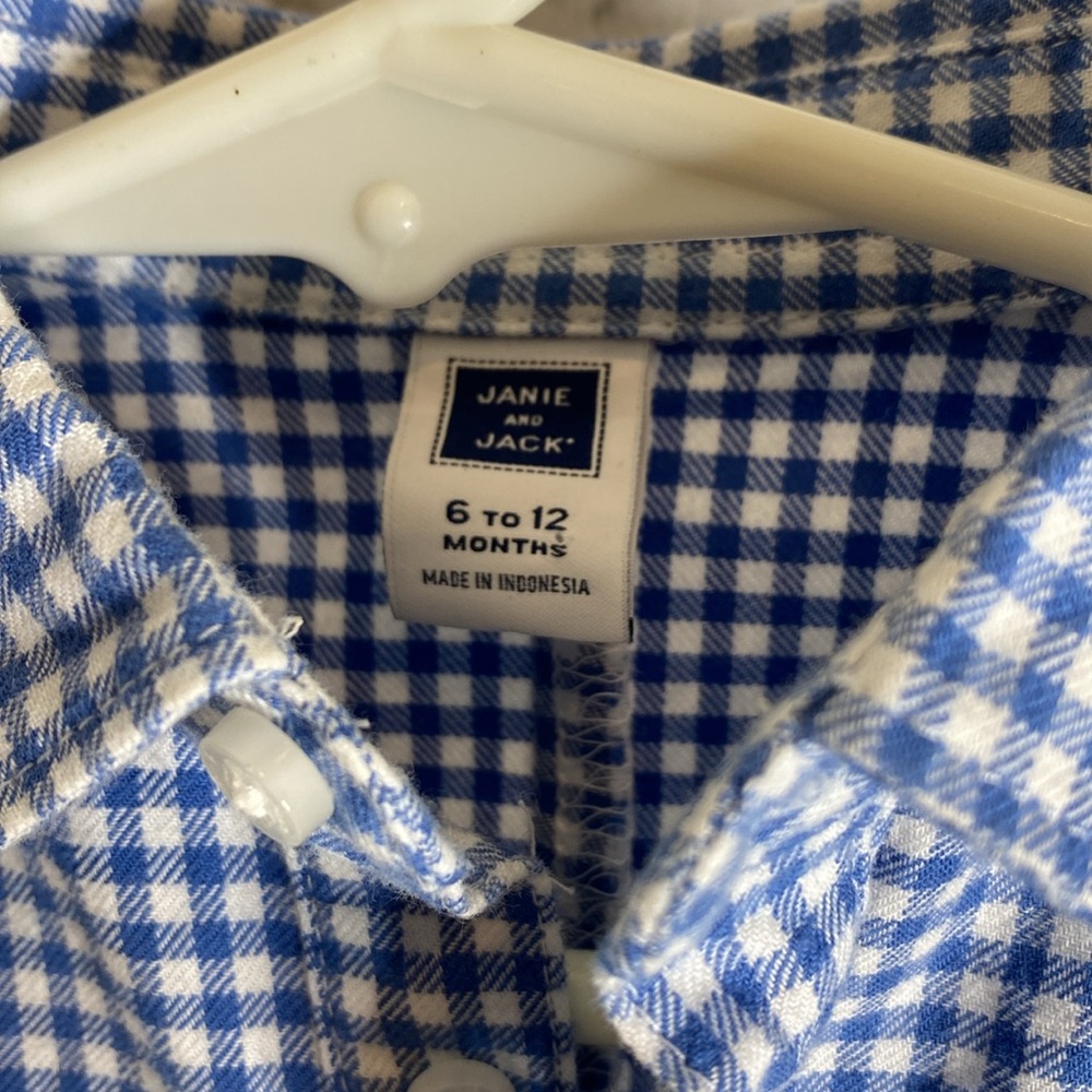 Janie and Jack Blue Gingham horse Baby Romper - Picture 3 of 5